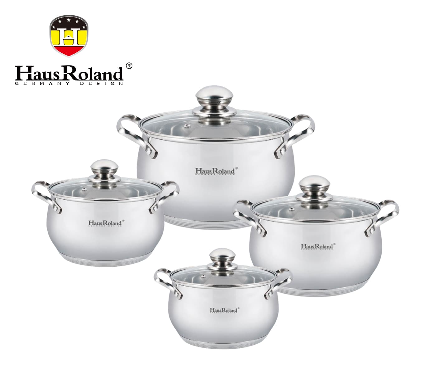 HausRoland 4-Piece Stainless Steel Belly Casserole Set with Glass Lids