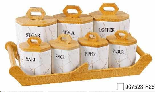7-Piece Labelled Marble-Effect Ceramic Canister and Spice Set on Bamboo Tray