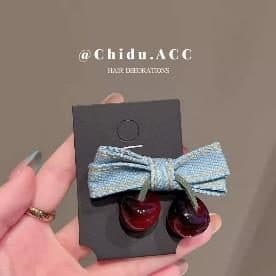 Denim Bow Cherry Hair Clip