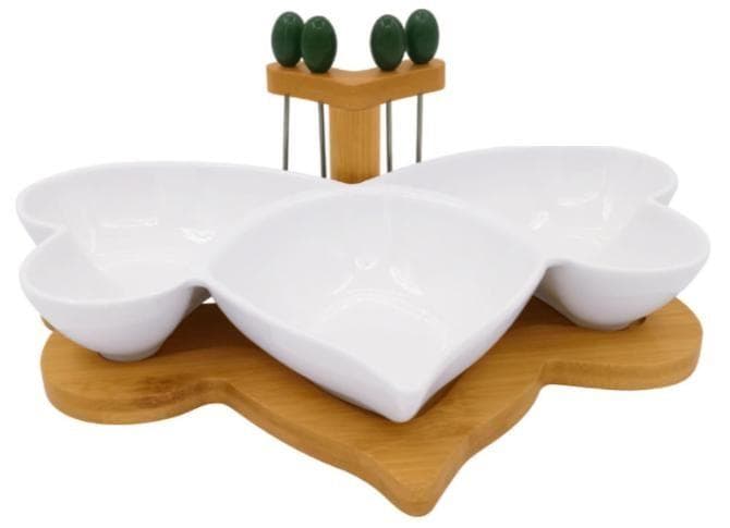4-Section Ceramic Serving Dish on Bamboo Tray with Picks