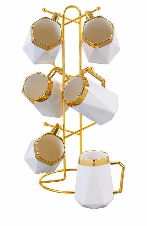 6-Piece Gold-Rimmed Geometric Ceramic Mug Set on Gold Metal Mug Tree, White