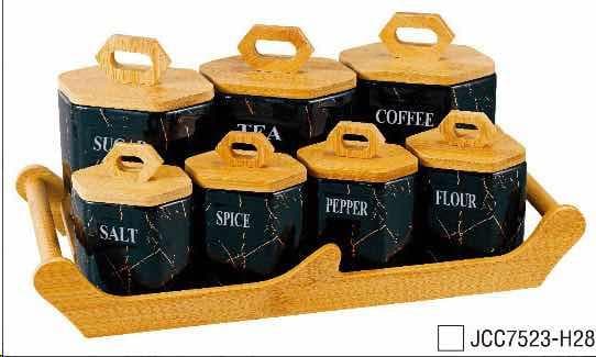 7-Piece Labelled Black Marble-Effect Ceramic Canister and Spice Set on Bamboo Tray