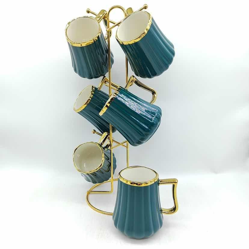 6-Piece Gold-Rimmed Fluted Ceramic Mug Set on Gold Metal Mug Tree, Dark Green