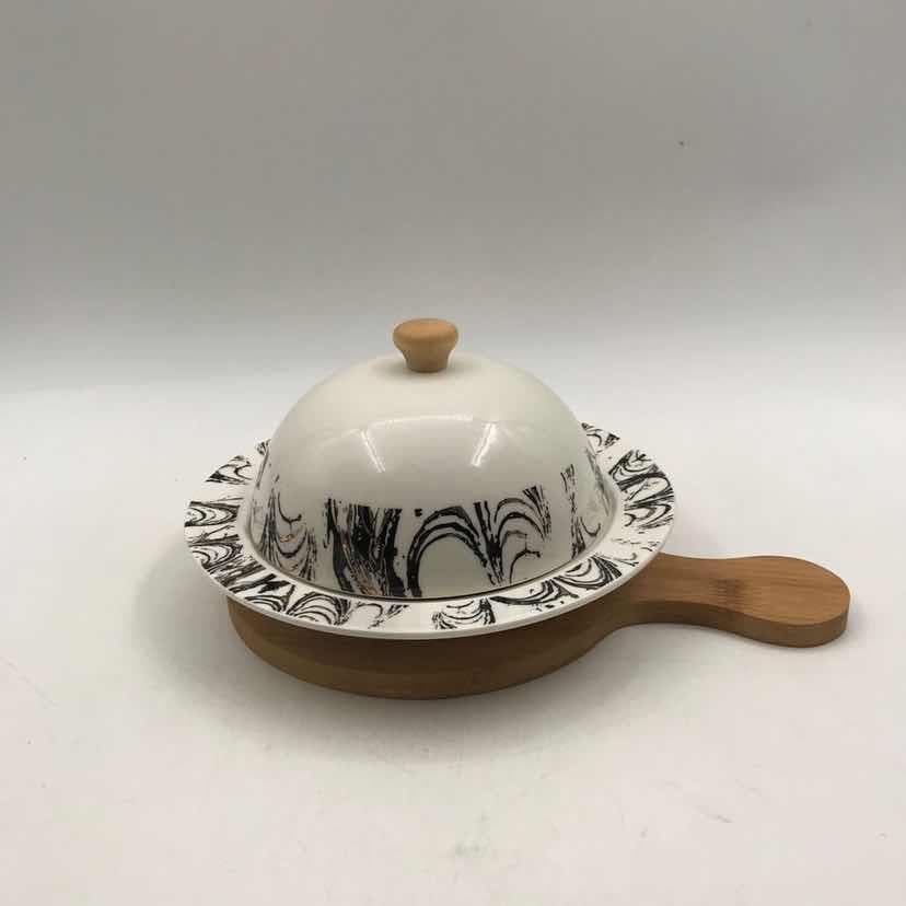 Ink-Swirl Ceramic Dome Dish on Bamboo Paddle Board, Large