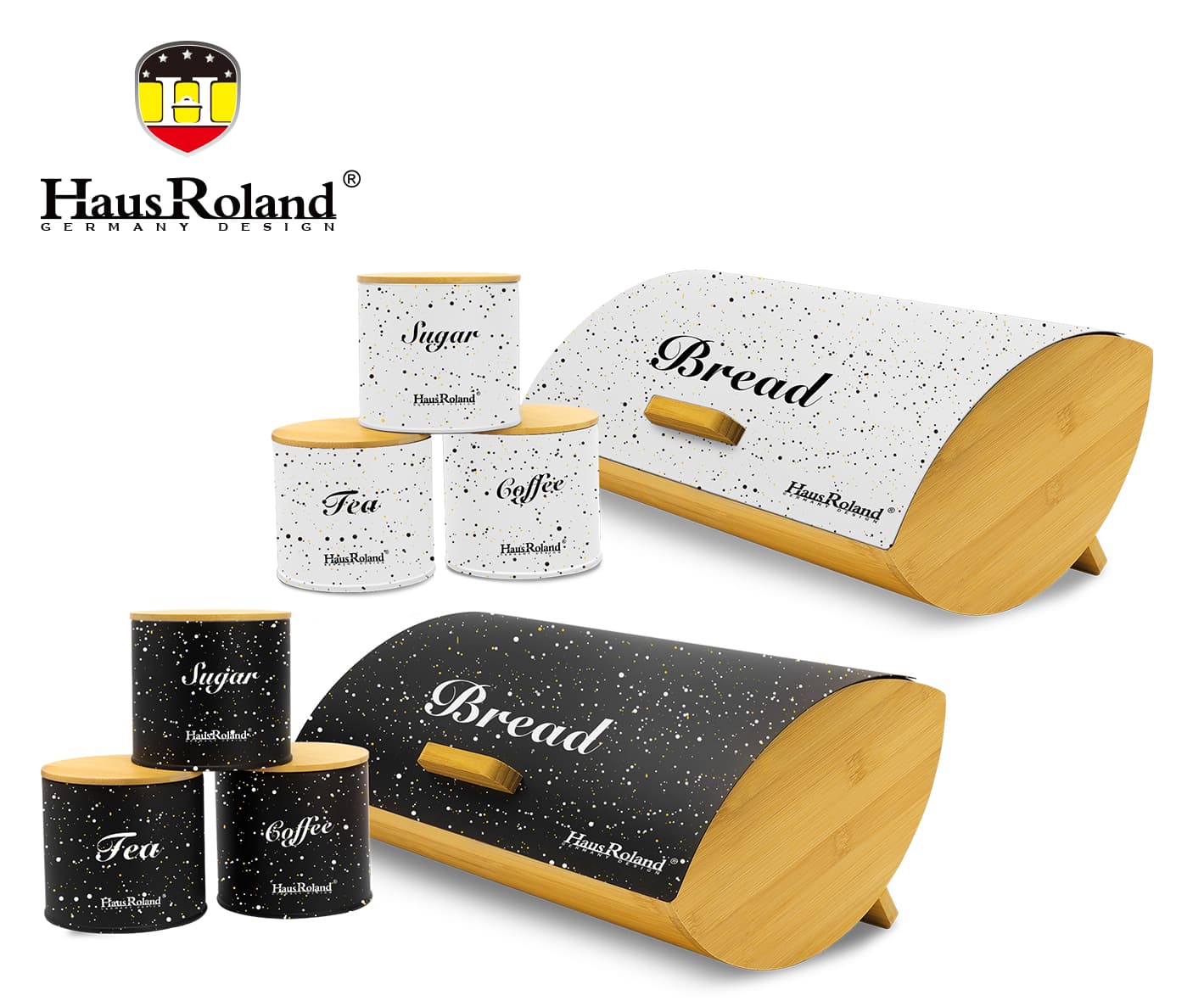 HausRoland Roll-Top Steel Bread Bin with Bamboo Lid and Three Canisters