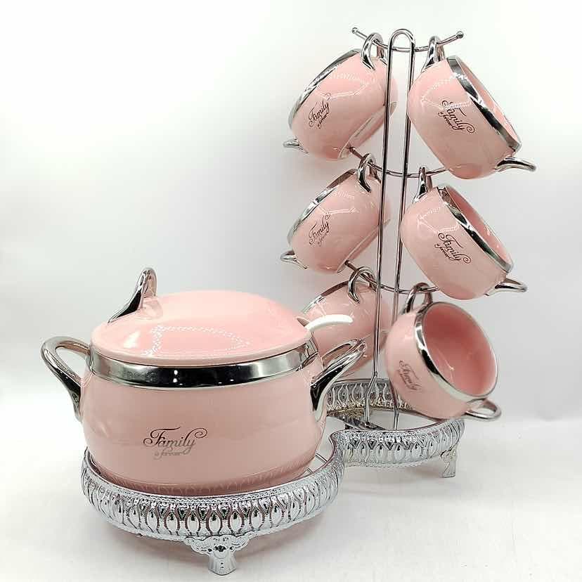 Ceramic Sugar Bowl and Six Cup Set with Silver Stand, Pink