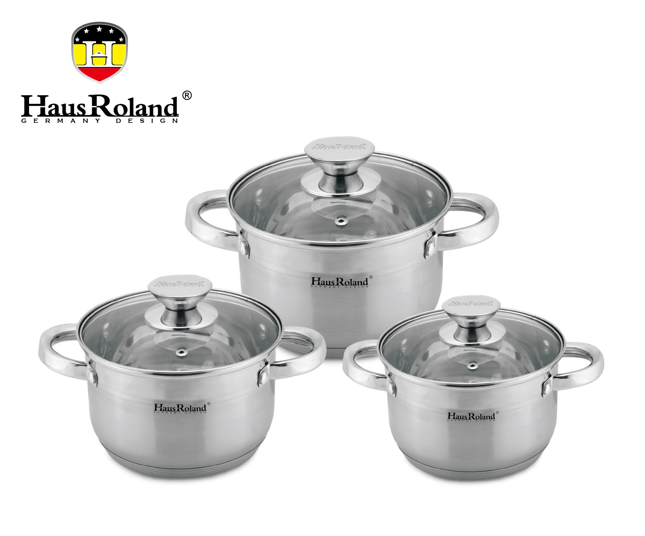 HausRoland 3-Piece Stainless Steel Belly Casserole Set with Glass Lids