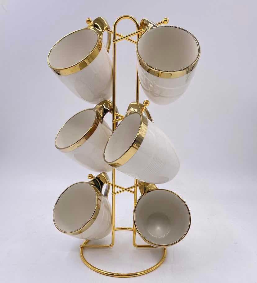 6-Piece Gold-Rimmed Curved Ceramic Mug Set on Gold Metal Mug Tree, White