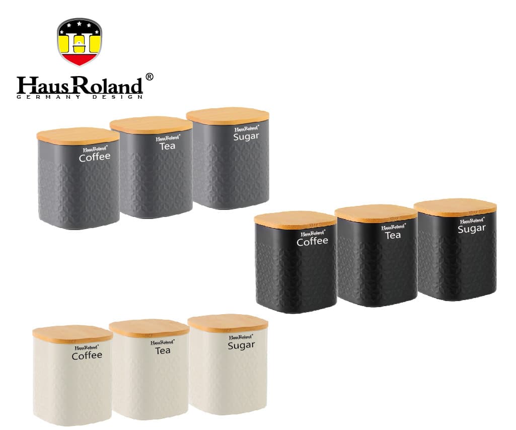 HausRoland 3-Piece Embossed Steel Canister Set with Bamboo Lids