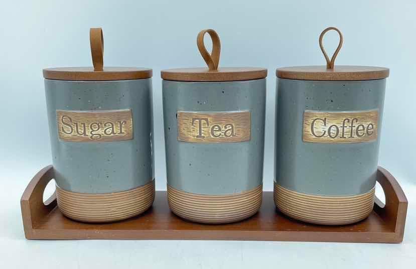 3-Piece Rustic Ceramic Sugar, Tea and Coffee Canister Set with Wooden Lids, Grey