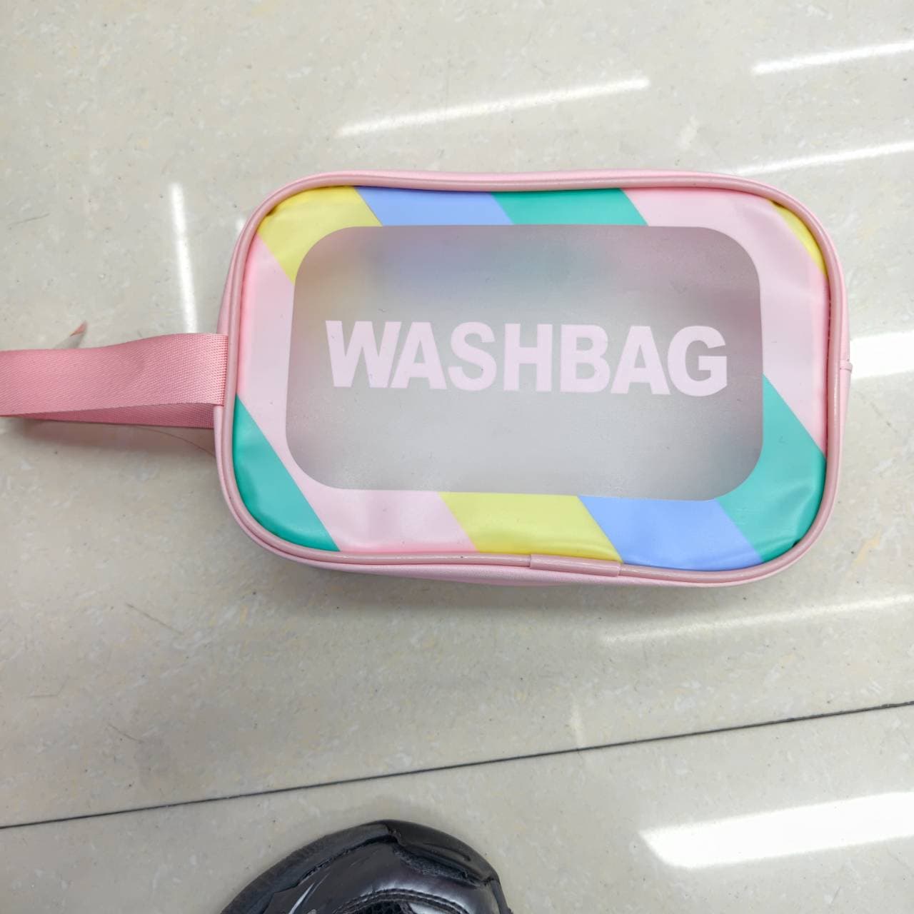 Striped PU Travel Wash Bag with Frosted Window