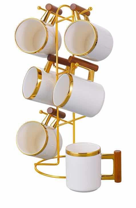 6-Piece Gold-Rimmed Tapered Ceramic Mug Set with Wooden Handles on Gold Metal Mug Tree, White