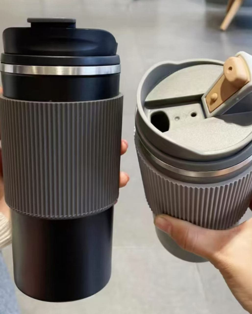 Diwangxin Ribbed Grip Coffee Cup with Wood Tab Lid, 450ml