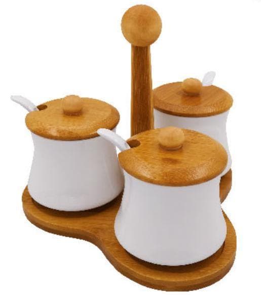 3-Piece Ribbed Ceramic Spice Pot Set with Bamboo Lids and Spoons on Post Stand