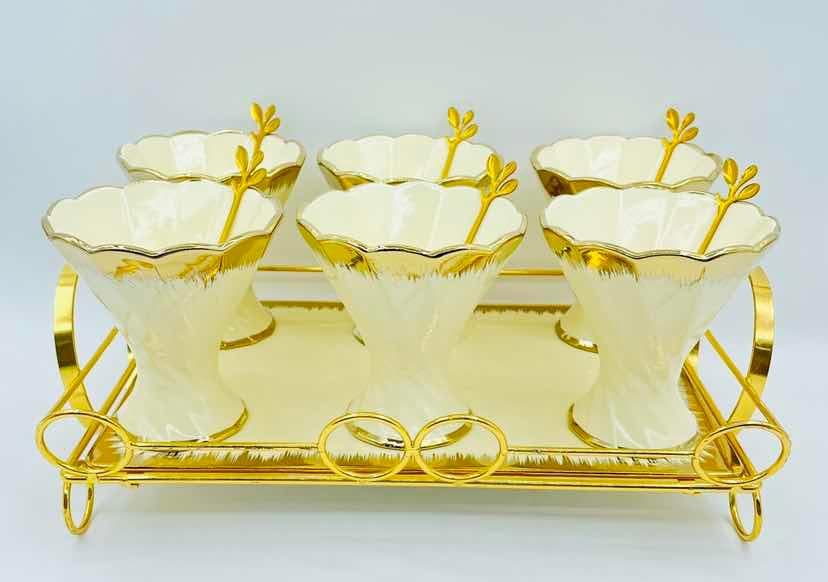 Assorted Ceramic Dessert Cup Set with Spoons on Gold Metal Rack