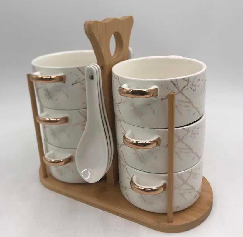 6-Piece Gold-Rimmed Marble-Effect Ceramic Bowl Set with Spoons on Bamboo Stand