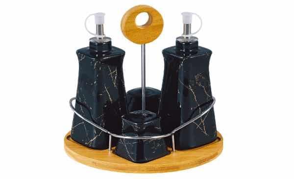 Black Marble-Effect Ceramic Cruet Set with Faceted Oil Bottles and Shakers on Bamboo Stand