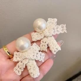 Lace Bow Hair Clip with Pearl Drop, Cream