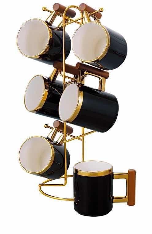 6-Piece Gold-Rimmed Tapered Ceramic Mug Set with Wooden Handles on Gold Metal Mug Tree, Black