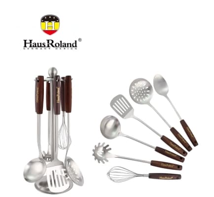 HausRoland 6-Piece Kitchen Utensil Set with Wooden Handles and Stand