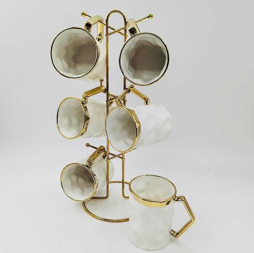 6-Piece Gold-Rimmed Faceted Ceramic Mug Set on Gold Metal Mug Tree, White