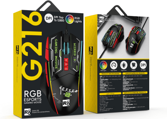 R8 G216 11D Wired Gaming Mouse RGB Lighting, 800-1600-2400-3200-4800-12800 DPI