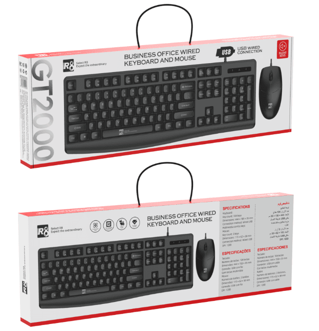 R8 GT2000 Wired Keyboard and Mouse Combo English & Arabic layout, 1200 DPI, 104 Keys