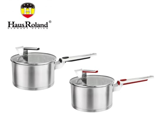 HausRoland HR143-1 Stainless Steel Saucepan Pair with Glass Lids and Long Handles