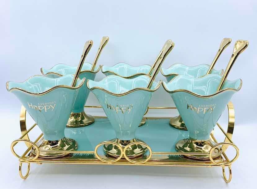Assorted Scalloped Ceramic Dessert Cup Set with Spoons on Gold Metal Rack