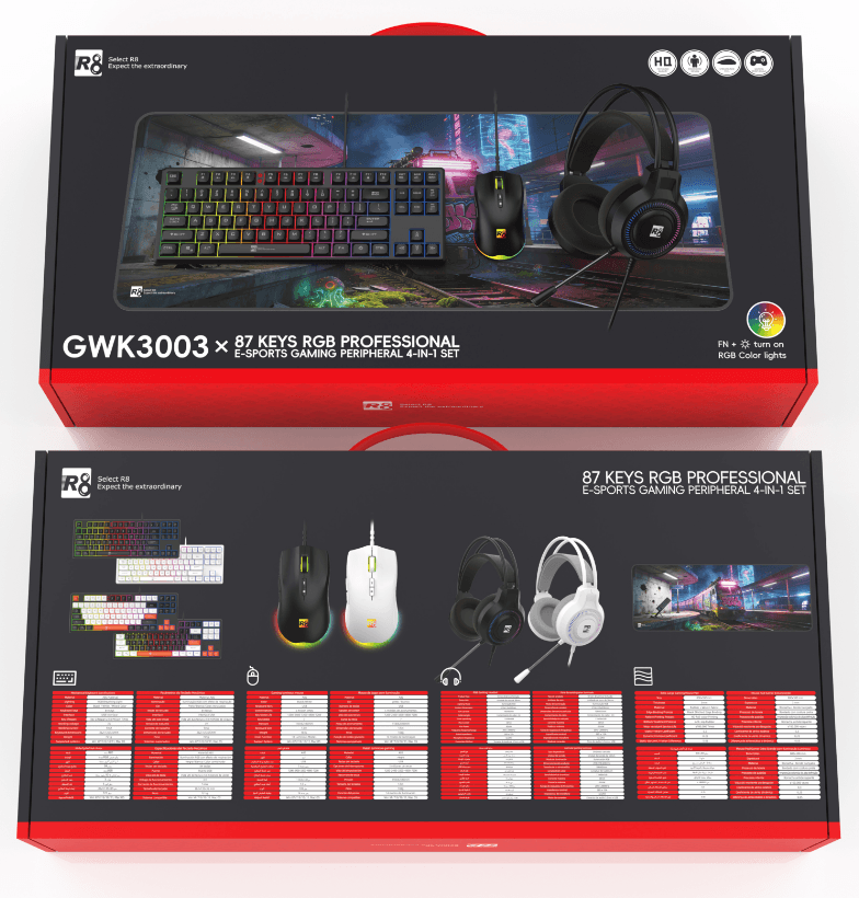 R8 GWK3003 87 Keys Wired Gaming Keyboard & Mouse & Mouse pad & Headset Combo English & Arabic layout
