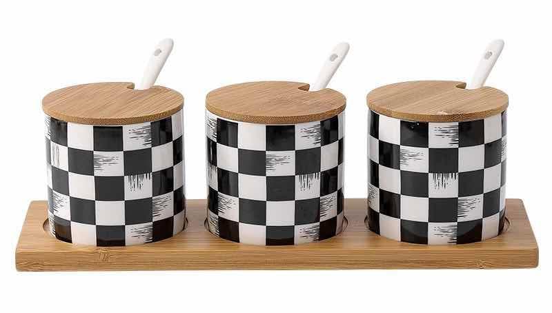 3-Piece Round Chequerboard Ceramic Condiment Jar Set with Bamboo Lids and Spoons
