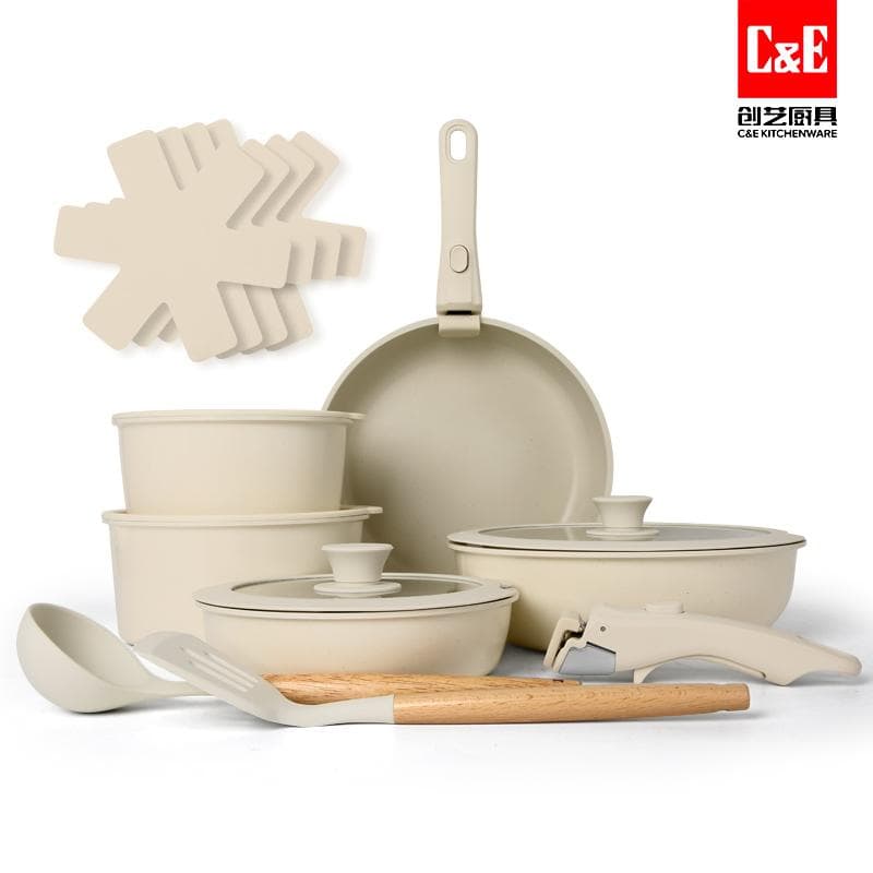 17pc Aluminium Cookware Set with Detachable Handles